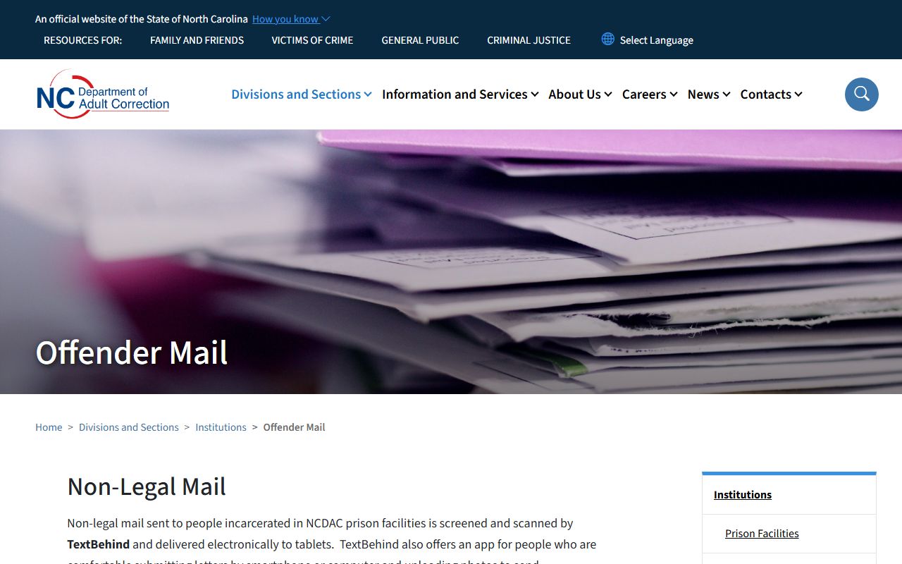 NCDAC offender mail rules and TextBehind address