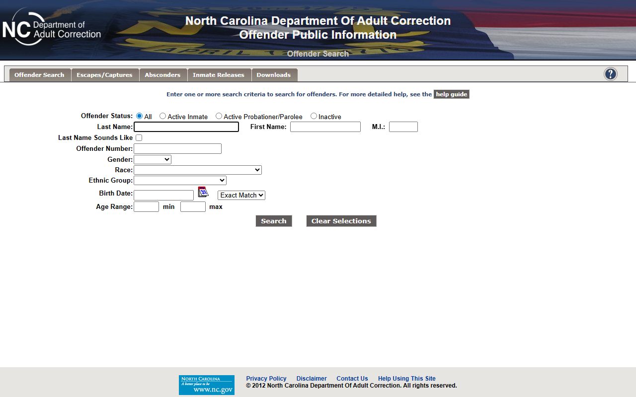 NCDAC Offender Public Information Search form