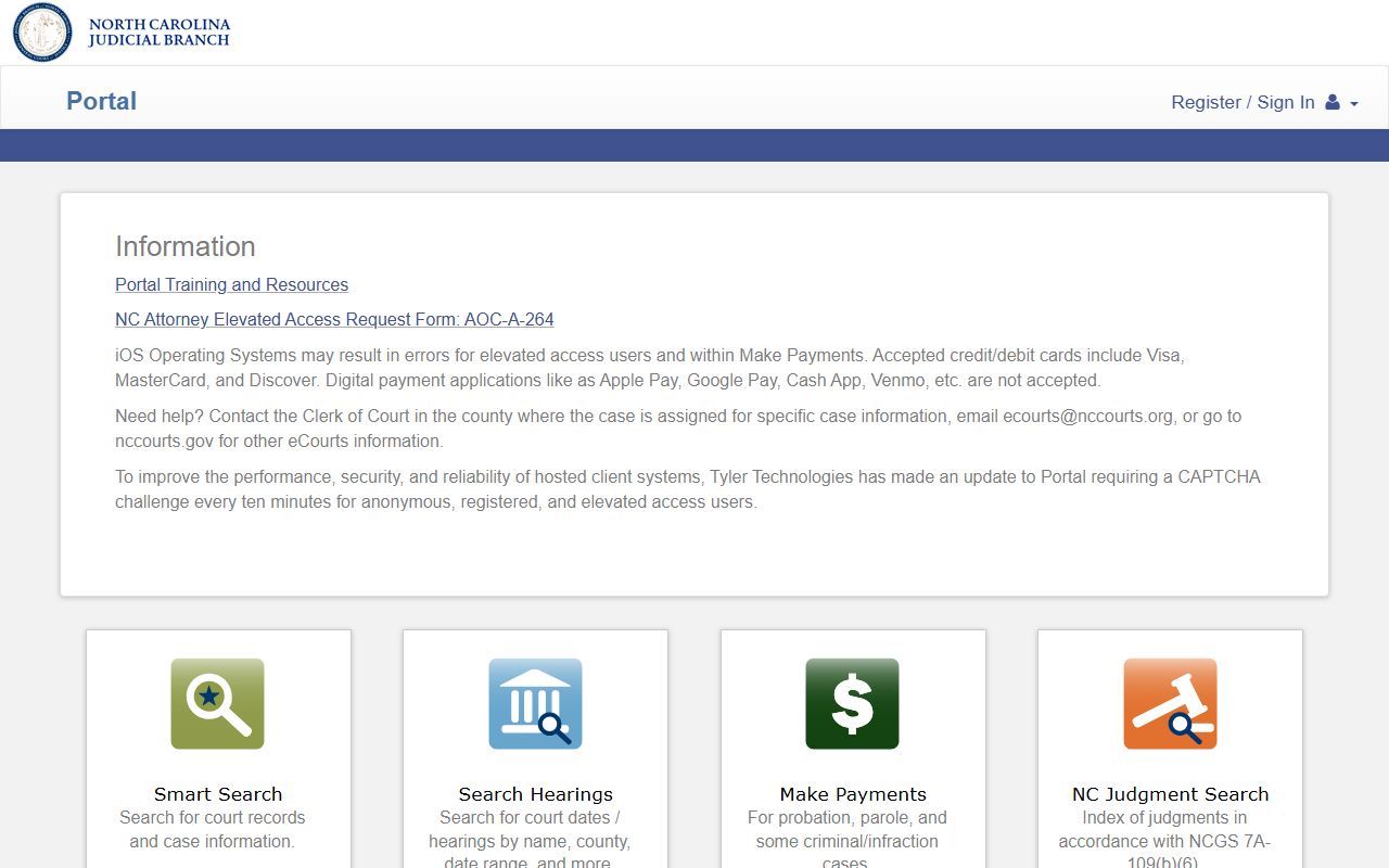 North Carolina eCourts Portal Smart Search and hearing search page