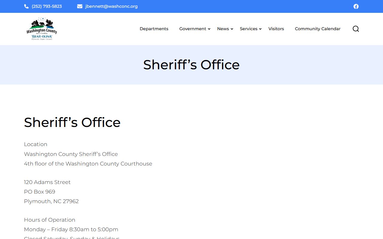 Washington County Sheriff's Office page with detention contact